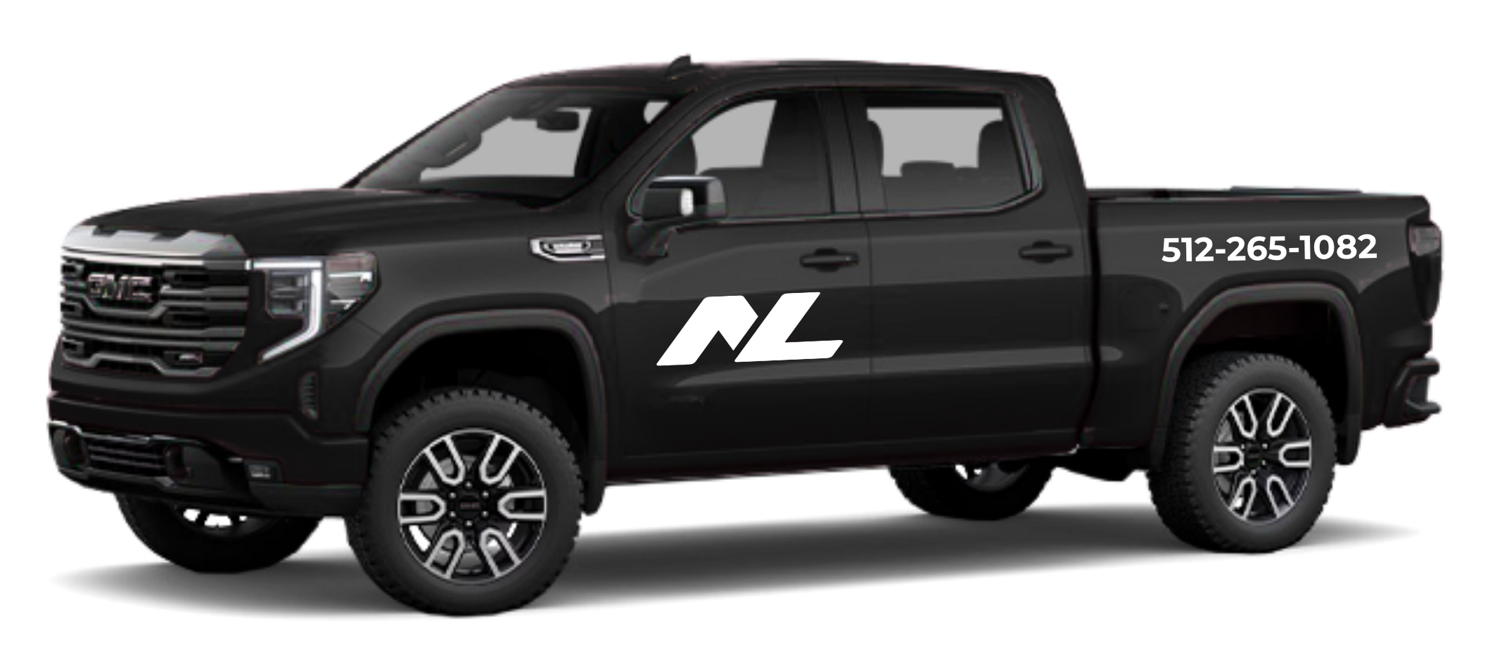 Black pickup truck with white logo and contact information on the side.