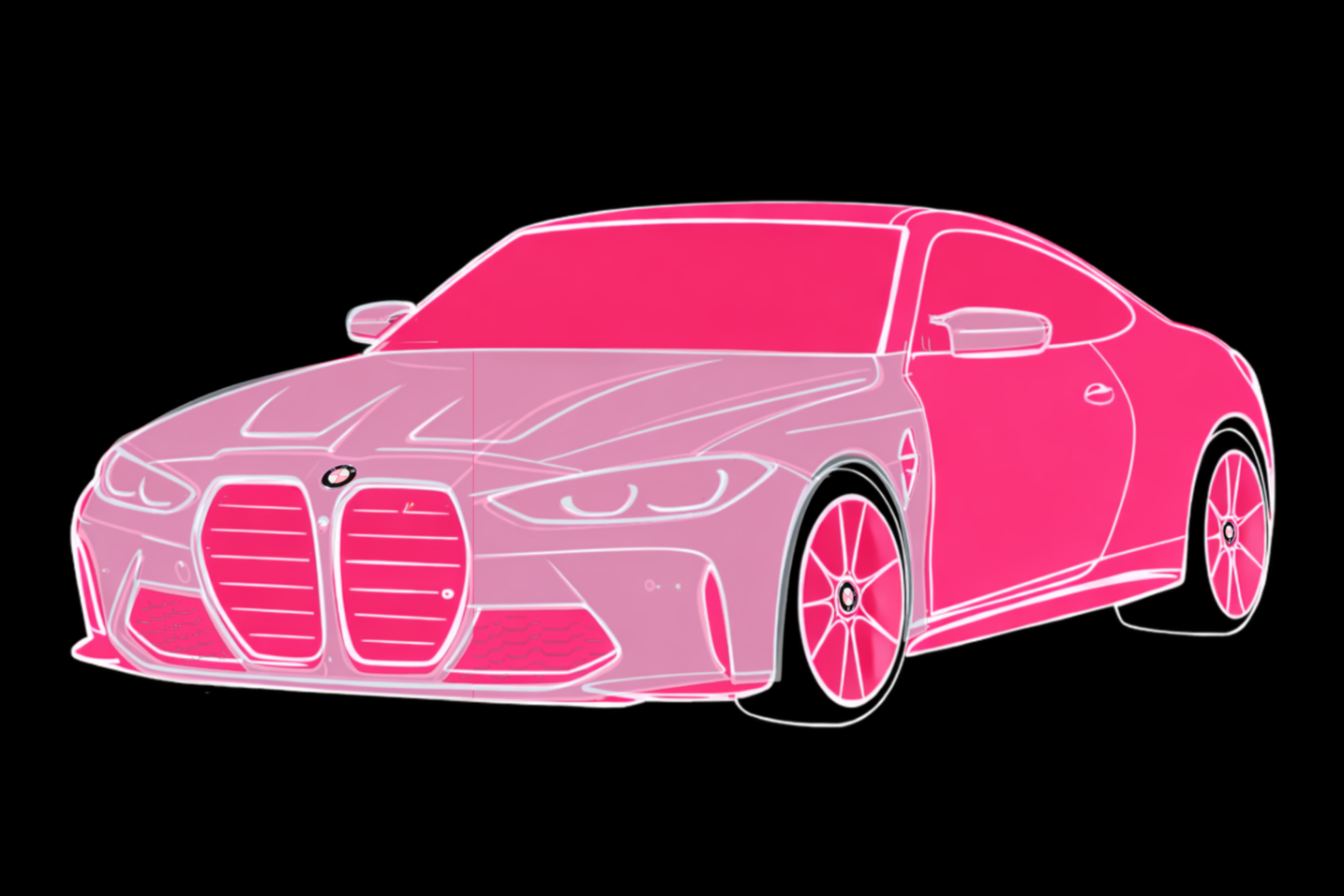 Digital outline of a modern sports car with pink and white accents on a black background.