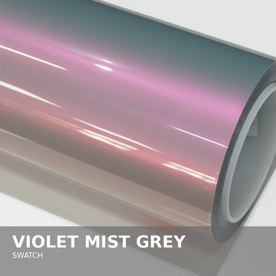 A roll of vinyl wrap with a violet mist grey color and a subtle glittery finish.