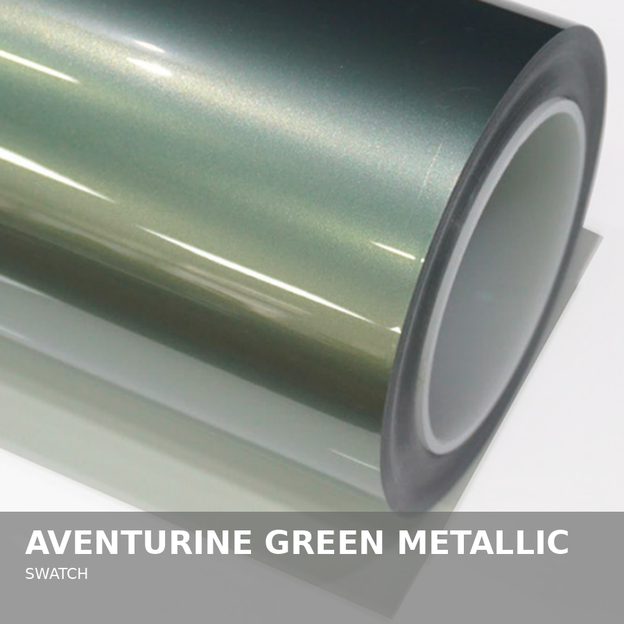 Close-up of a metallic vinyl film roll in aventurine green metallic color.