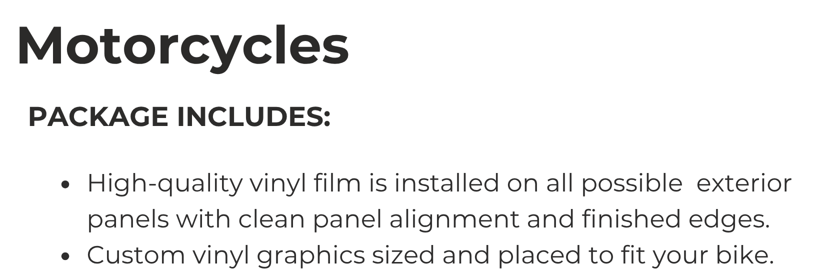 Text describing motorcycle package details, including high-quality vinyl film installation, custom vinyl graphics, and finish features.