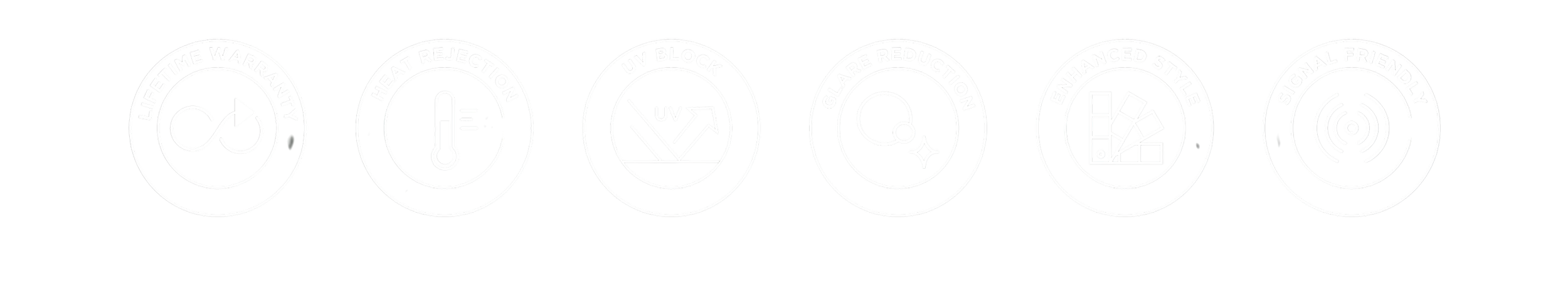 Icons indicating product features such as lifetime warranty, heat rejection, UV block, glare reduction, enhanced style, and signal friendliness.