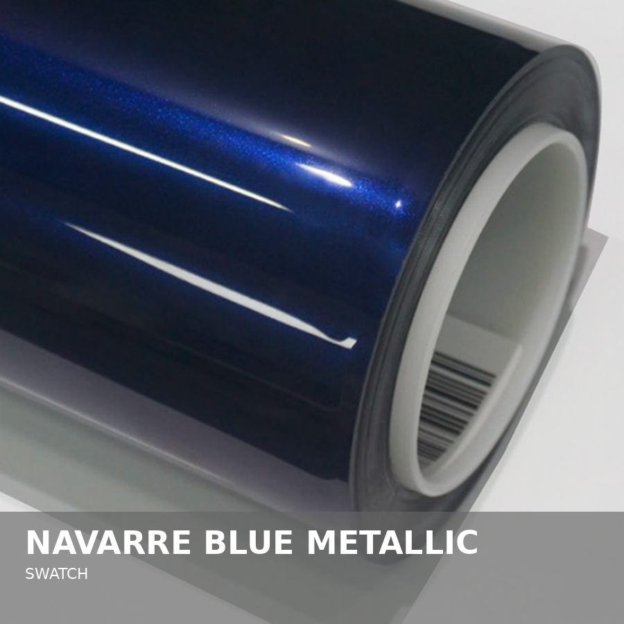 A roll of Navarre Blue Metallic vinyl wrap or film with a barcode on the inner side, used for vehicle or object wrapping.