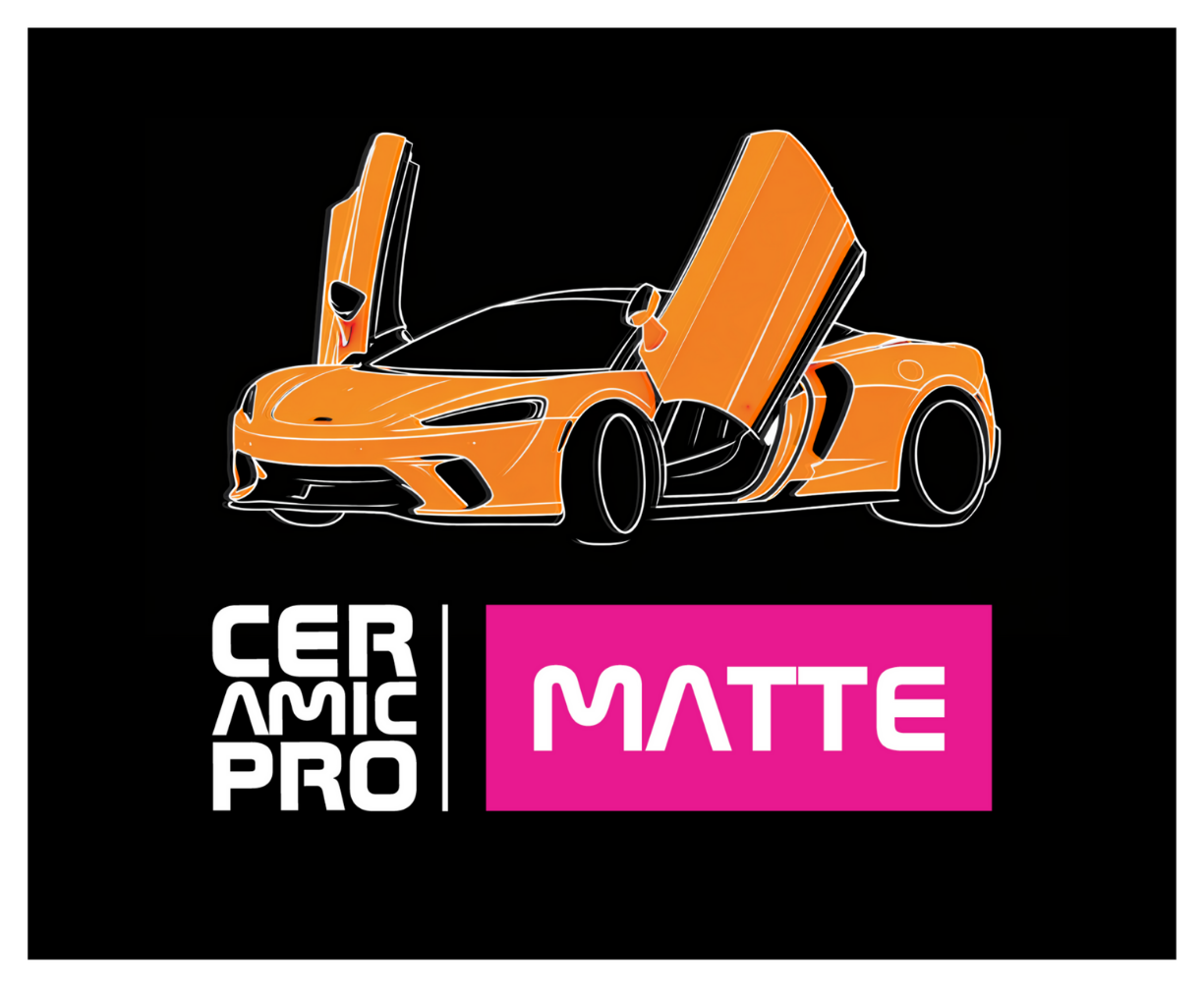 Illustration of a luxury sports car with open gullwing doors, accompanied by the text 'Ceramic Pro' and 'Matte' on a black background.