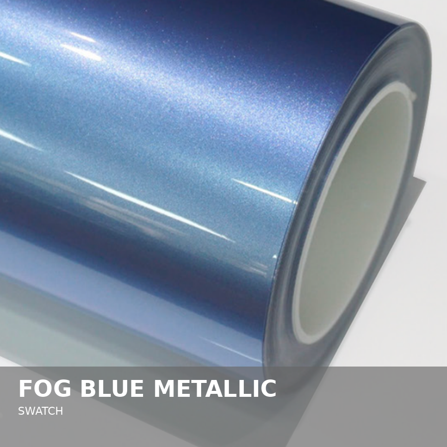 A roll of metallic fog blue vinyl film with a shiny, reflective surface.