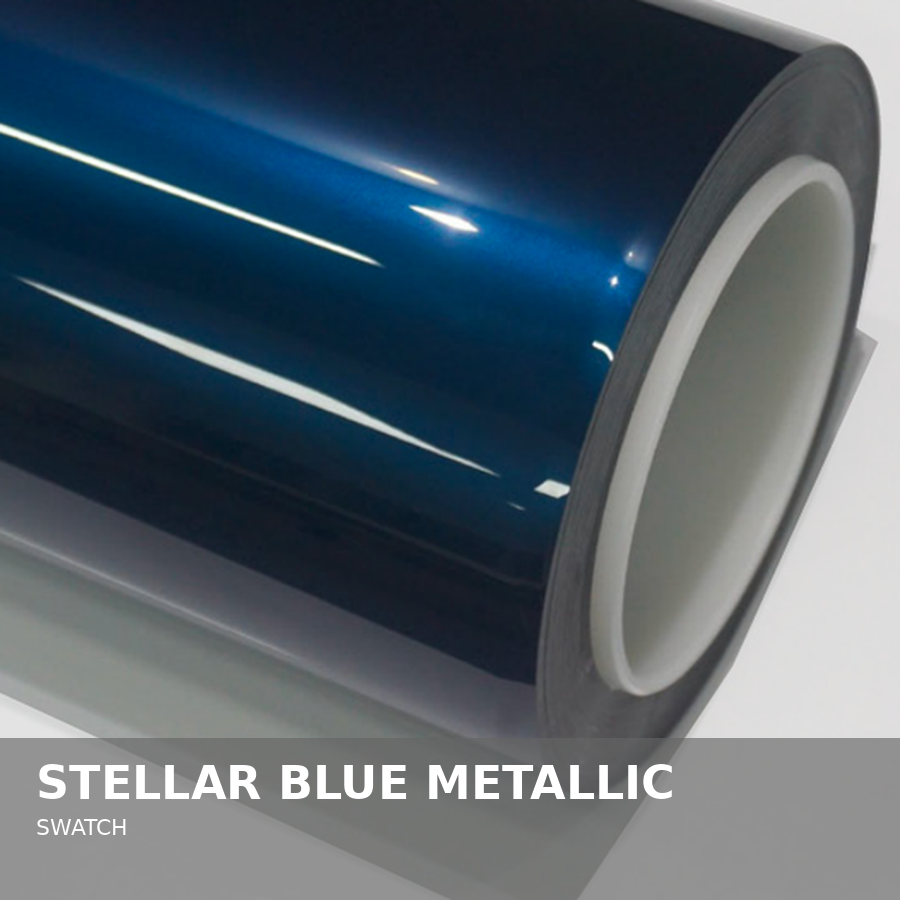 Close-up of a roll of stellar blue metallic adhesive vinyl film.