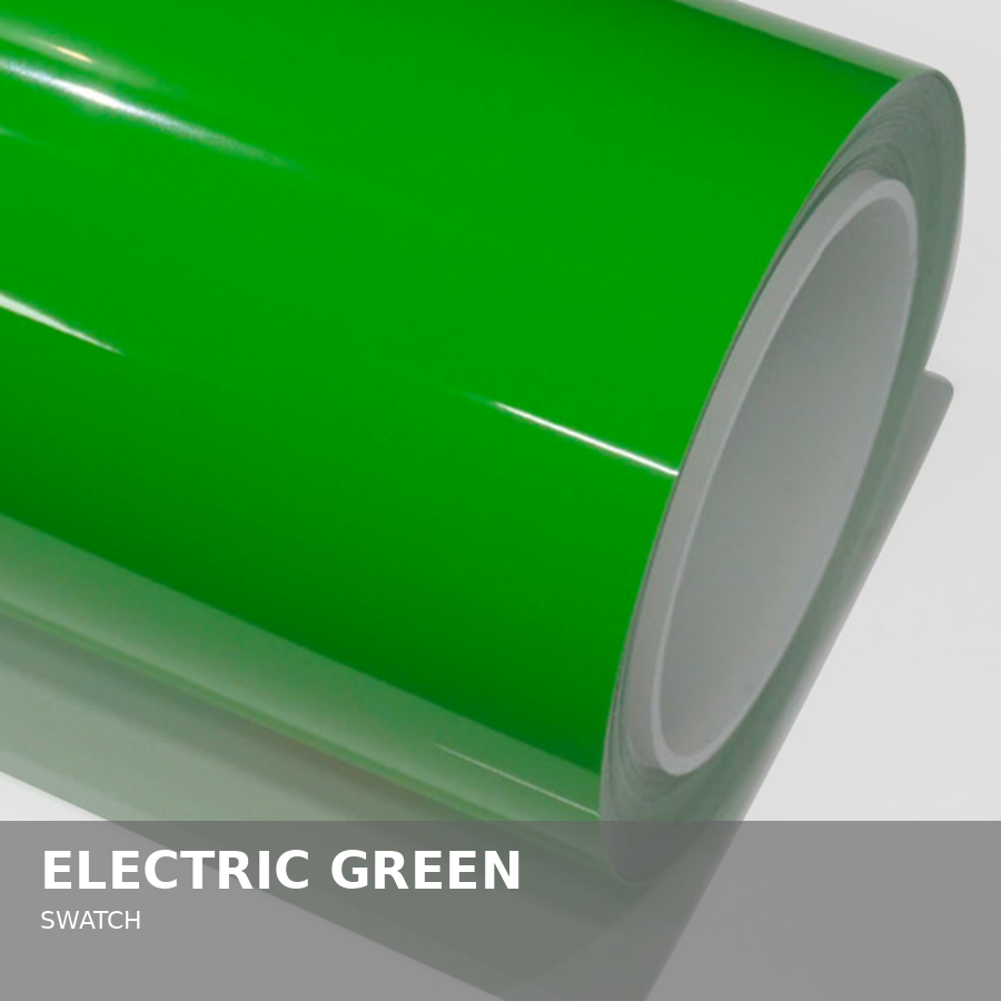 Close-up of a roll of electric green vinyl wrap, showing glossy surface and curved edge.