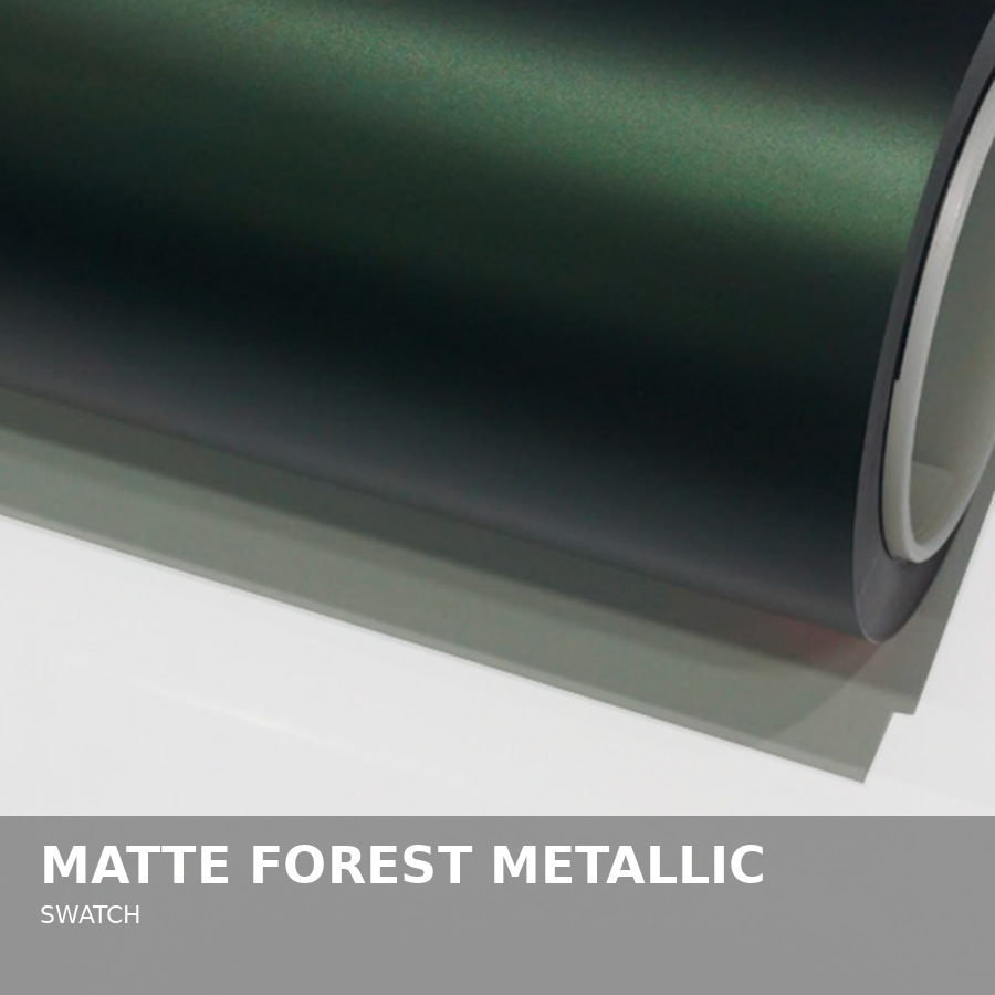 Close-up of a roll of matte forest metallic vinyl wrap with a label indicating "SWATCH".
