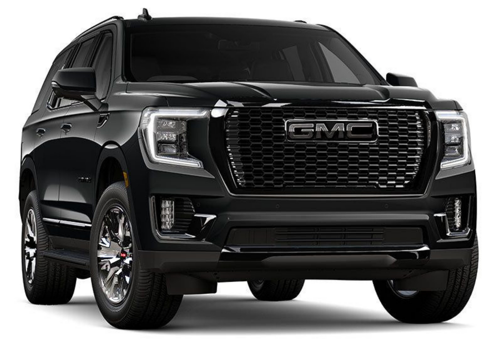 A black GMC SUV with a large front grille and modern headlights.