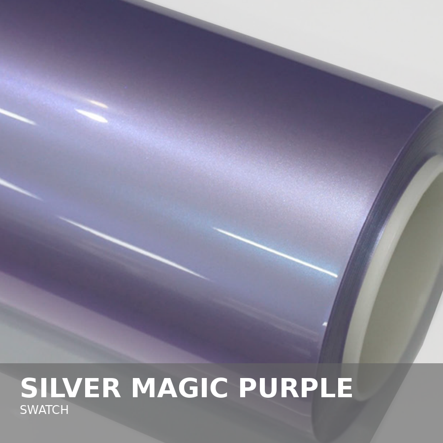 A roll of metallic silver vinyl or adhesive film labeled "Silver Magic Purple Swatch".