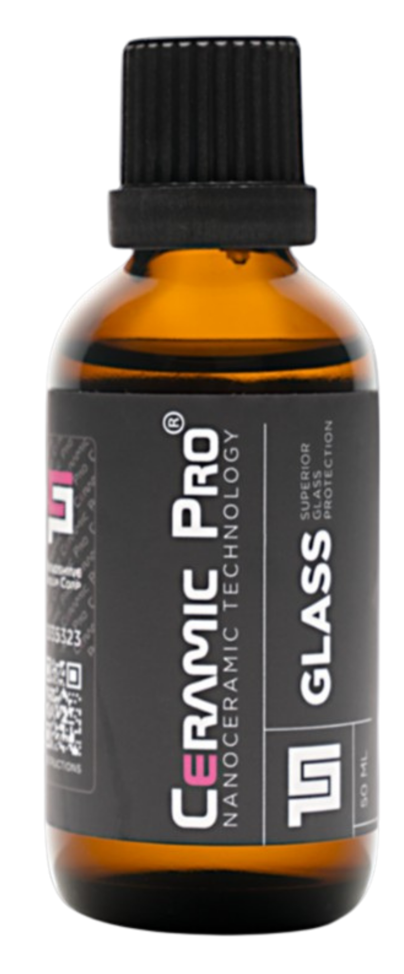 A small amber glass bottle labeled Ceramic PRO Ceramic Glass Glass, with a black screw cap.