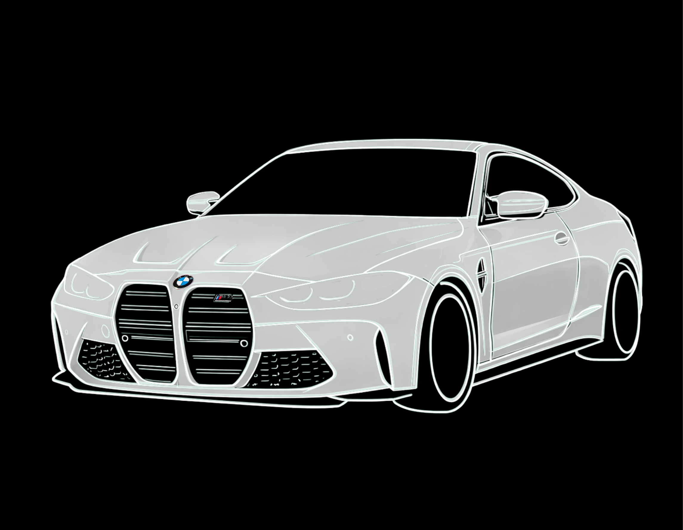 Line drawing of a white BMW M4 sports car on a black background.