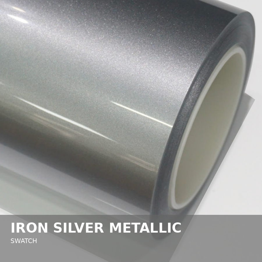 A roll of iron silver metallic color vinyl film on a white surface.