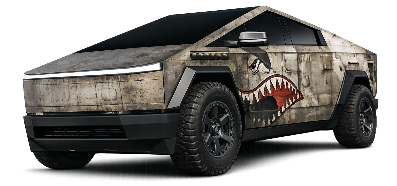 A futuristic matte black sports utility vehicle with a shark mouth painted on the side, featuring sharp teeth and red accents.