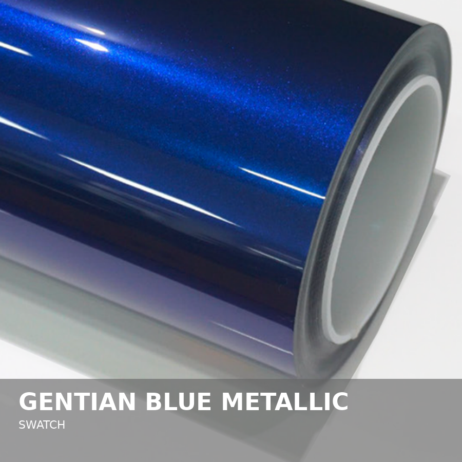 A roll of vinyl wrap with a metallic Gentian Blue color.