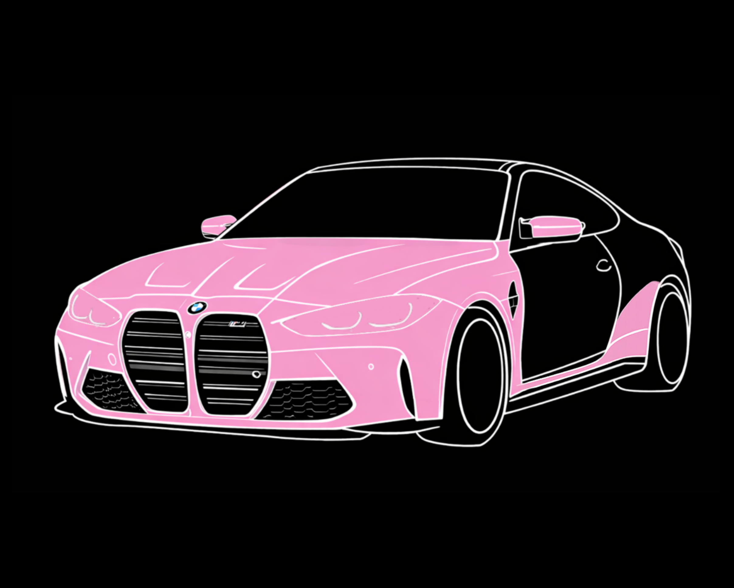 A digital line drawing of a BMW sports car with pink and black accents against a black background.
