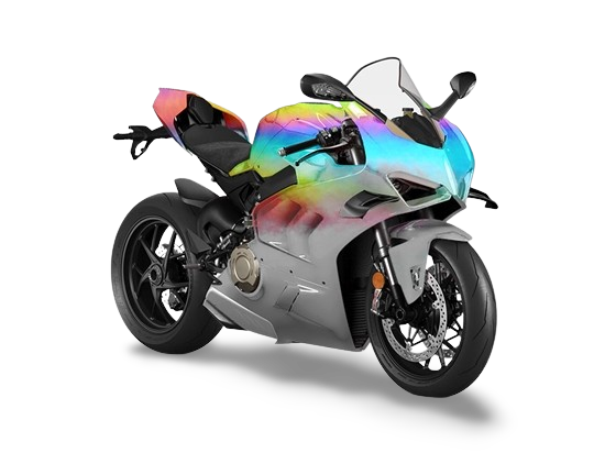 Colorful sport motorcycle with a rainbow gradient design and black wheels.