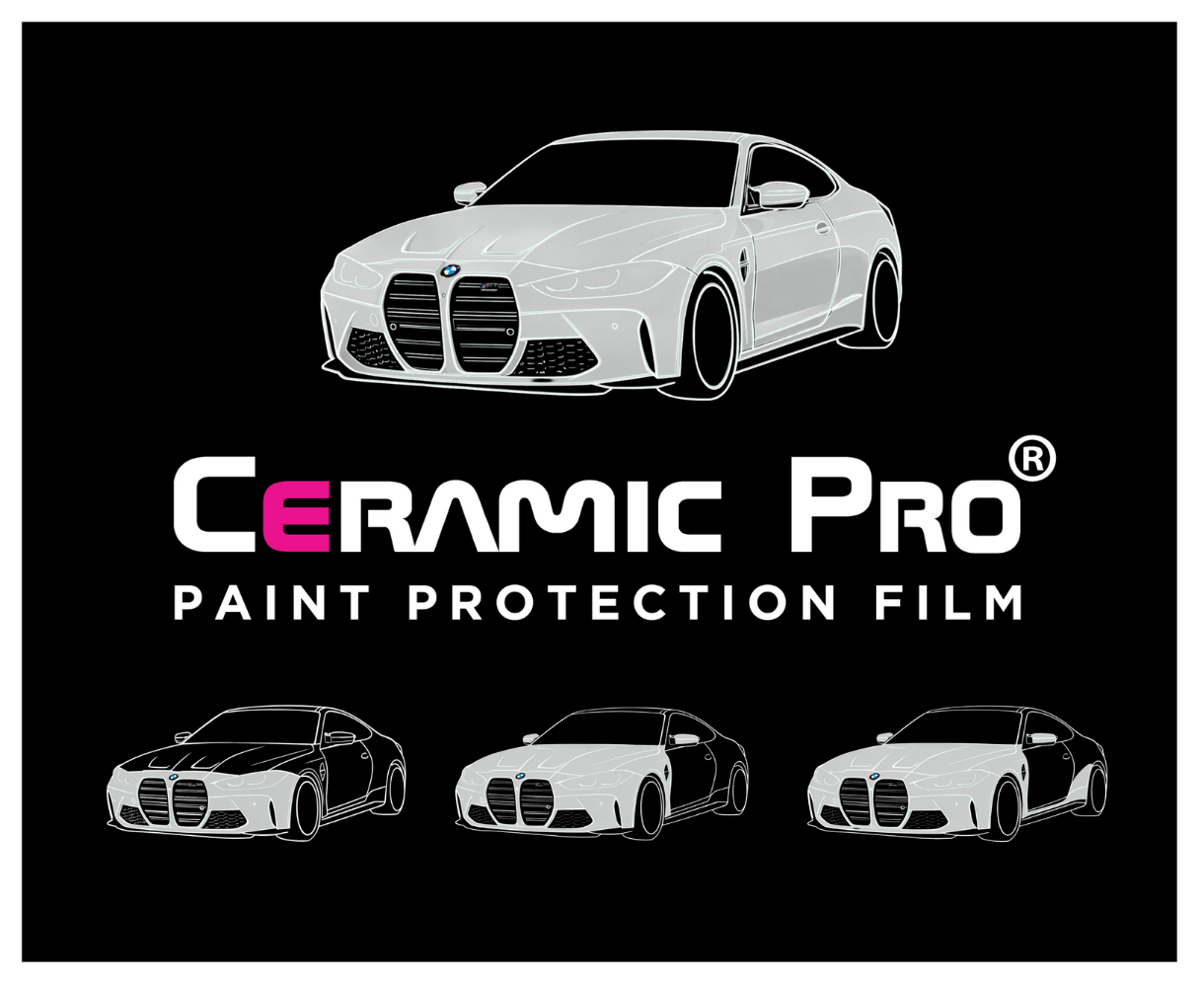 Packaging for Ceramic Pro paint protection film featuring a white outline of a BMW car and three smaller images of different BMW models on a black background.