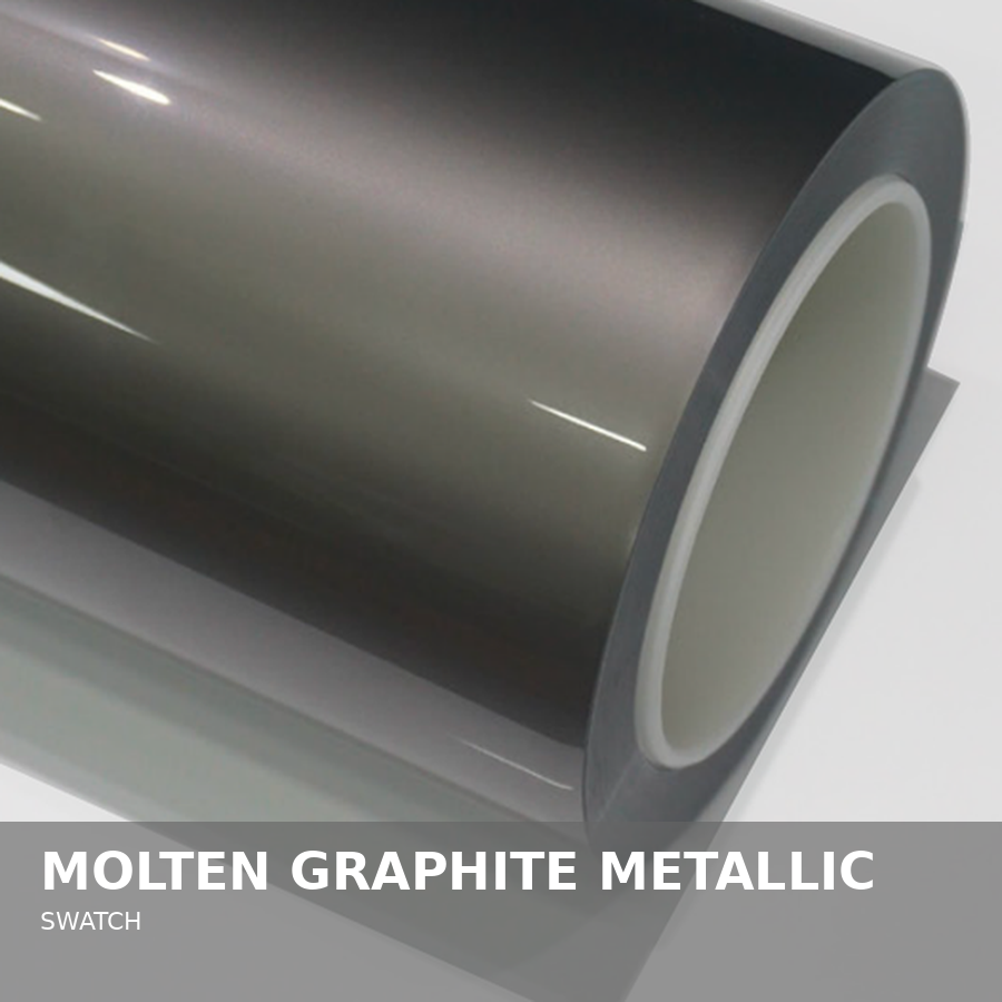 A roll of metallic graphite-colored material, labeled as "Molten Graphite Metallic" SWATCH.