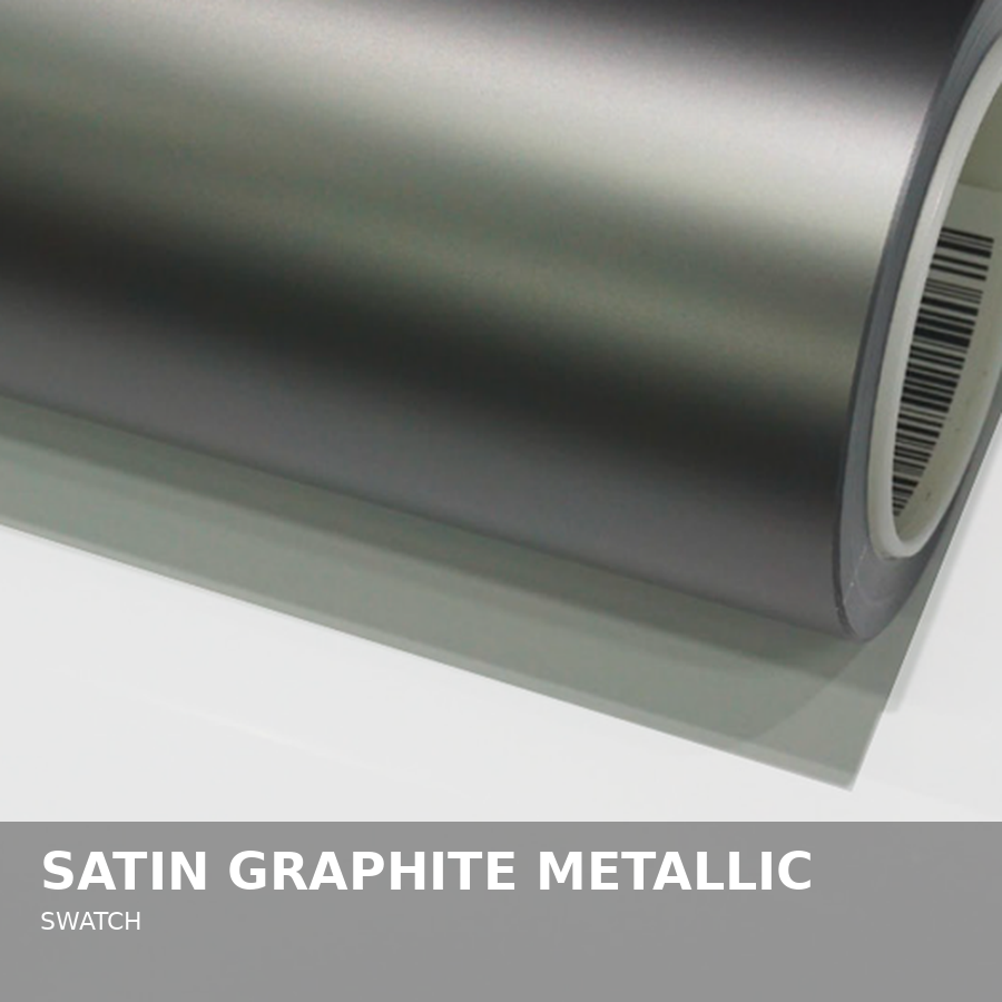 Close-up of a roll of satin graphite metallic adhesive vinyl with a barcode on the inner core.