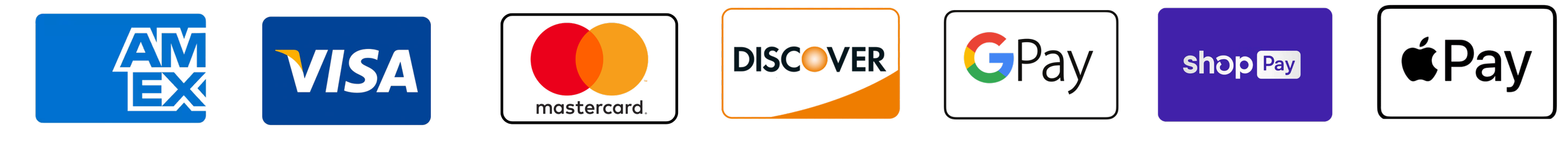 Icons of various payment methods including AMEX, VISA, Mastercard, Discover, Google Pay, Shop Pay, and Apple Pay.