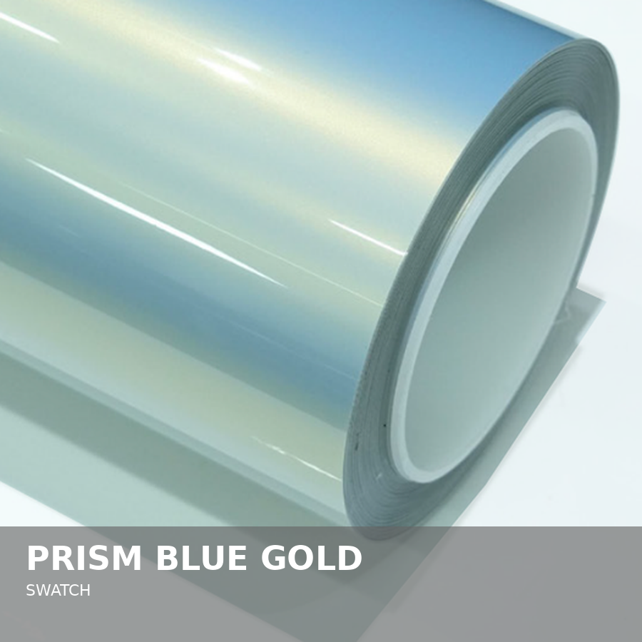 A large roll of holographic prism blue gold swatch wrapping material.