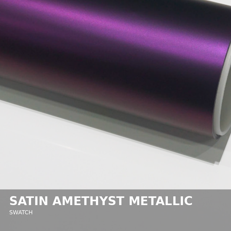 Sample swatch of satin amethyst metallic color, showing a rolled piece of material with a shiny purple finish.