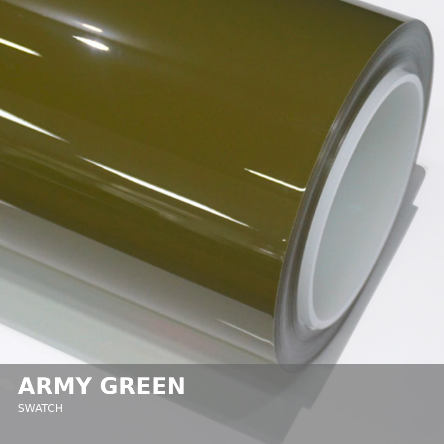 Close-up of a roll of army green colored adhesive vinyl film.