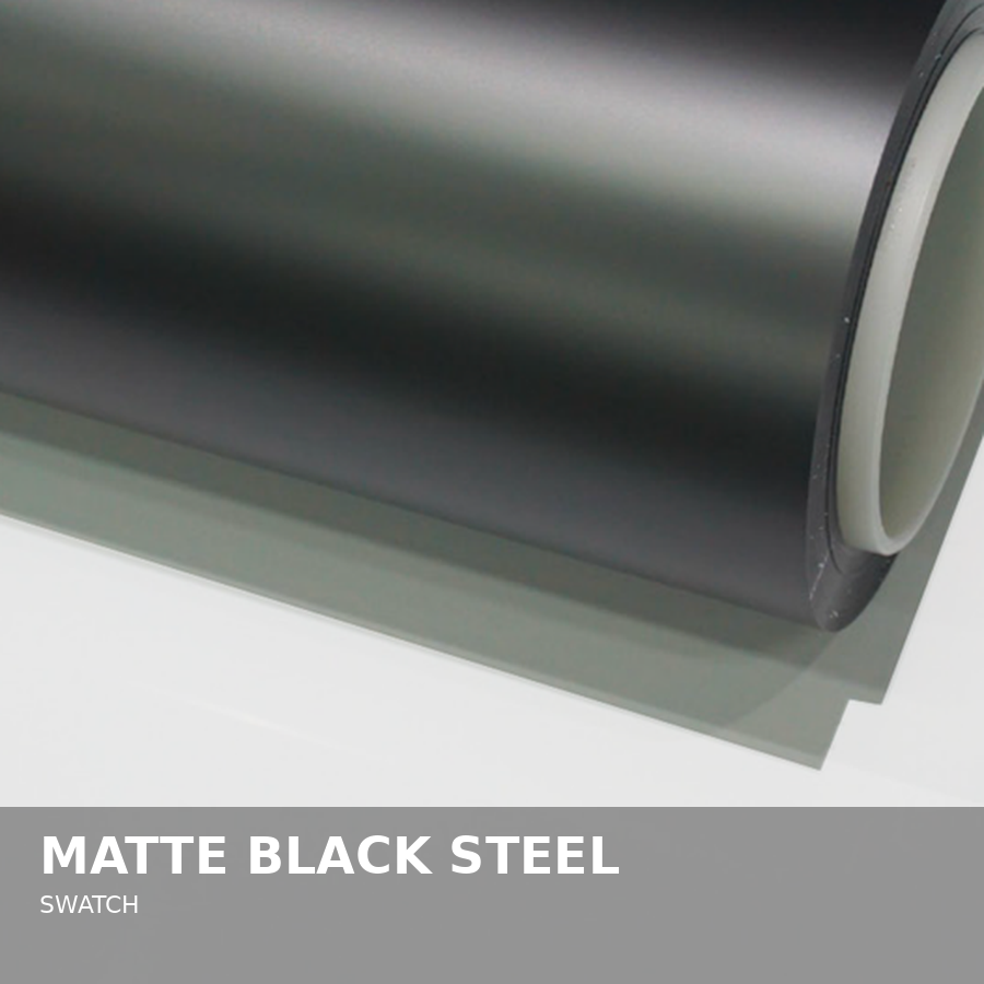 A roll of matte black steel sheet on a white surface