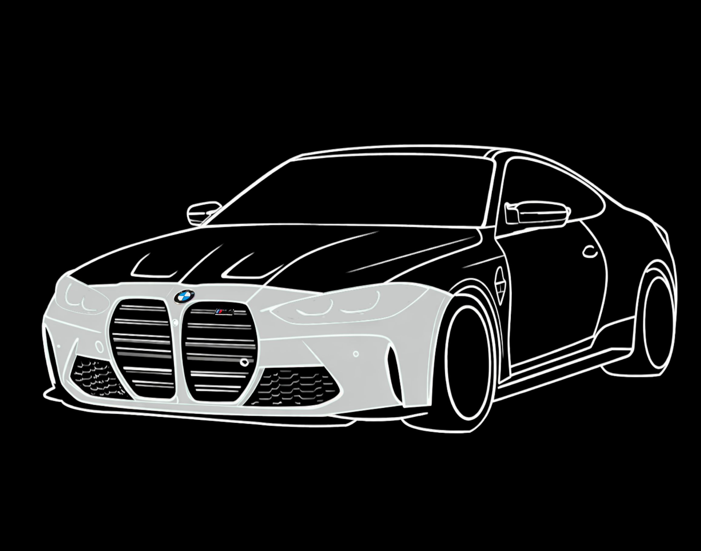 A digital line drawing of a black and white BMW M8 sports car with a sleek design, front grille, and distinctive headlights, set against a black background.
