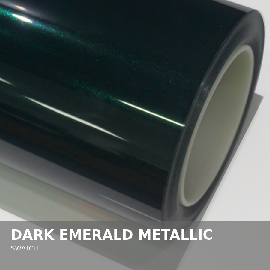 Close-up of a roll of dark emerald metallic adhesive vinyl film.