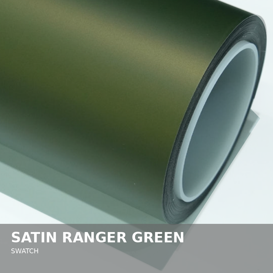 Close-up of a roll of satin ranger green wrap vinyl.