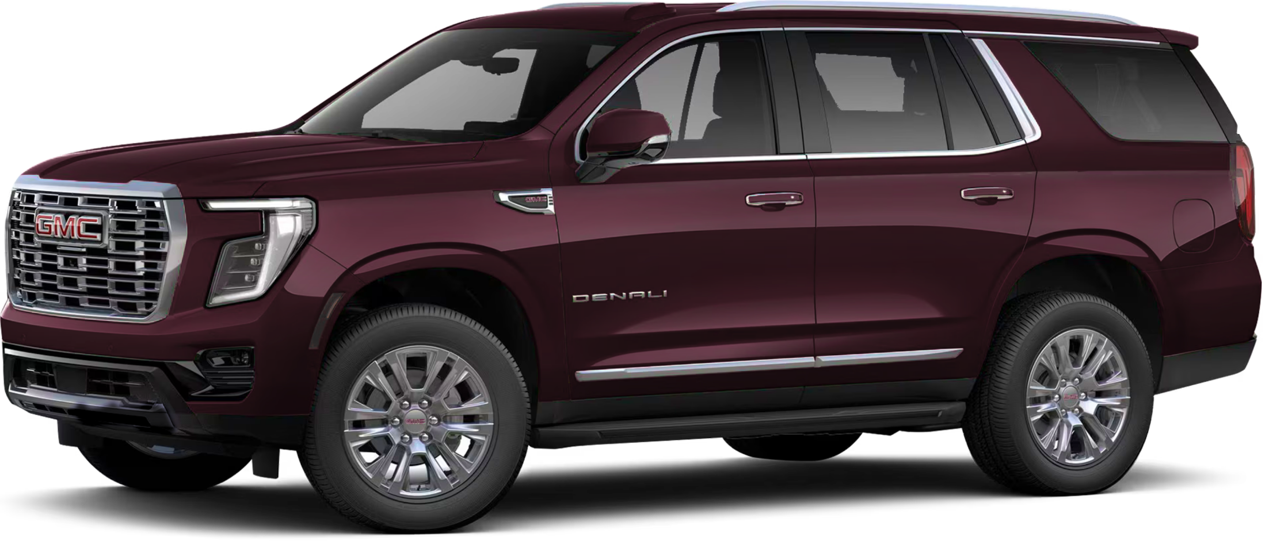 A maroon GMC Yukon Denali SUV with chrome accents and silver alloy wheels, shown in a side view.