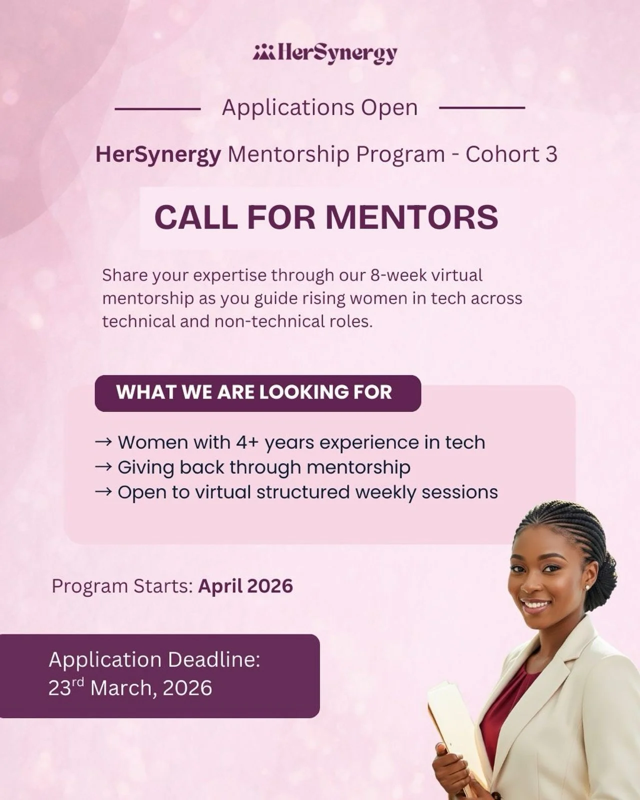 Sis, applications are now open for mentors in the @hersynergytribe Mentorship Program - Cohort 3.

They are inviting experienced women in tech who are passionate about supporting the next generation to share their knowledge through structured weekly 