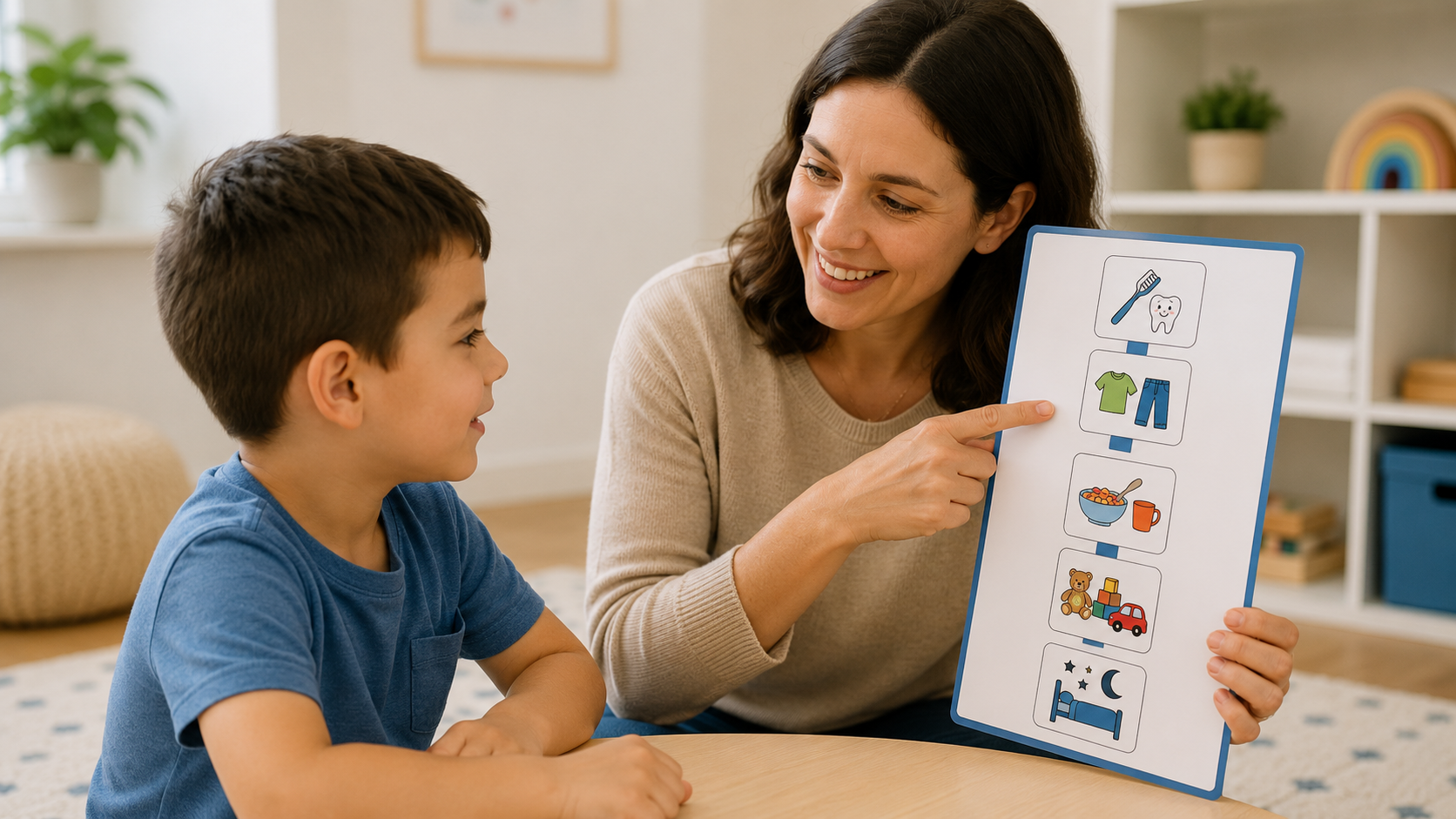 A woman teaching a young boy about daily routines using a visual schedule with icons for oral hygiene, dressing, meal, play, and bedtime, in a cozy living room.