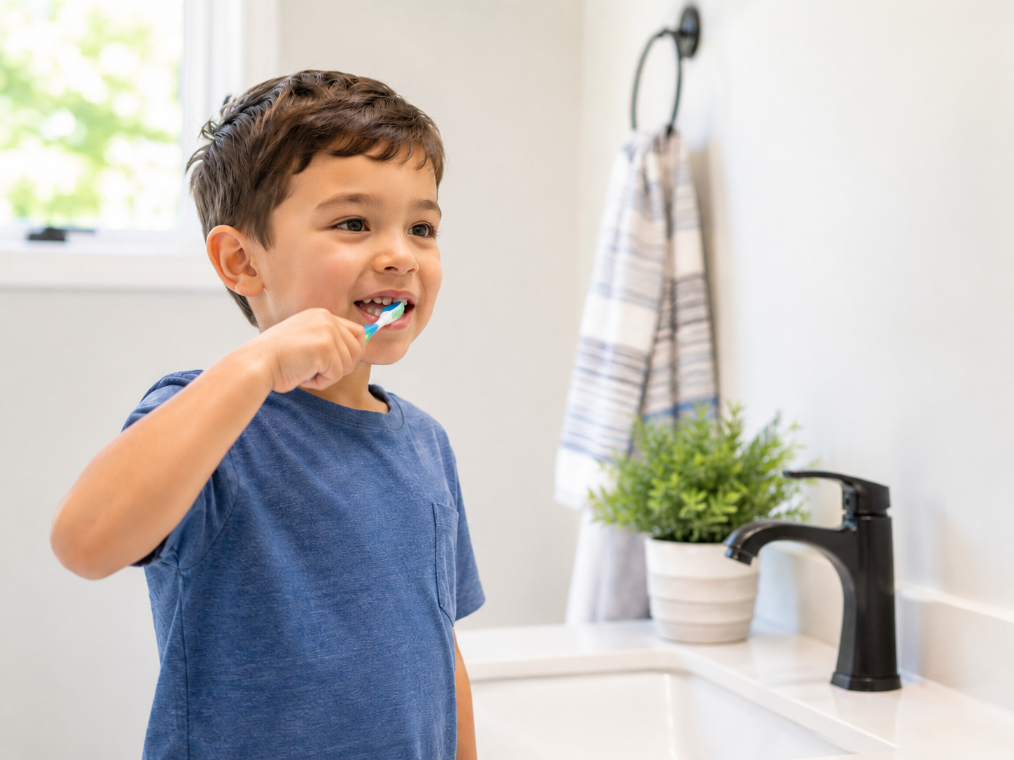 A young boy brushing his teeth in a bathroom, standing next to a sink with a black faucet, a potted green plant, and a striped towel hanging on the wall.