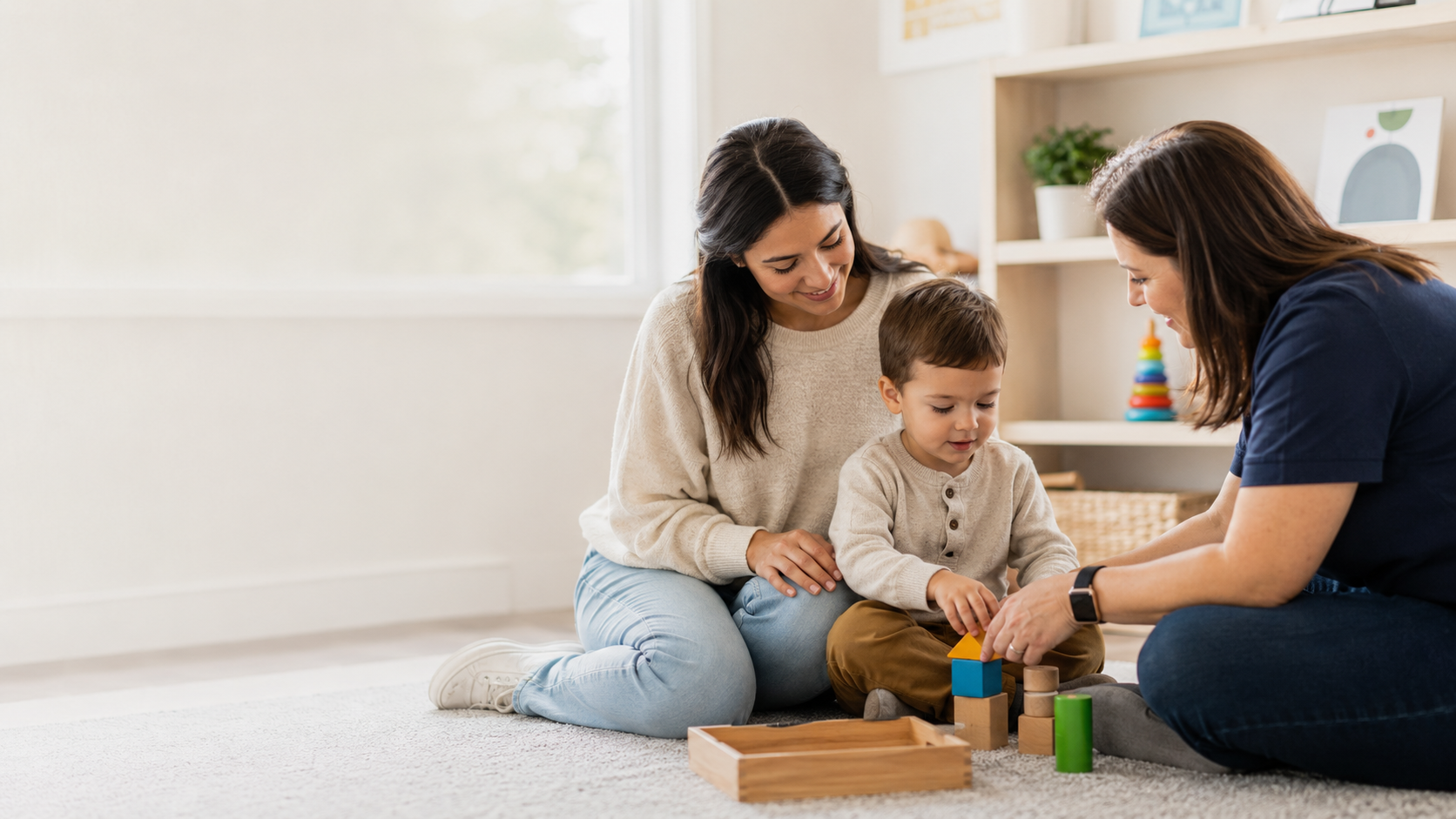 A woman and a nurse playing with a young boy with wooden blocks on a carpeted floor in a bright room.