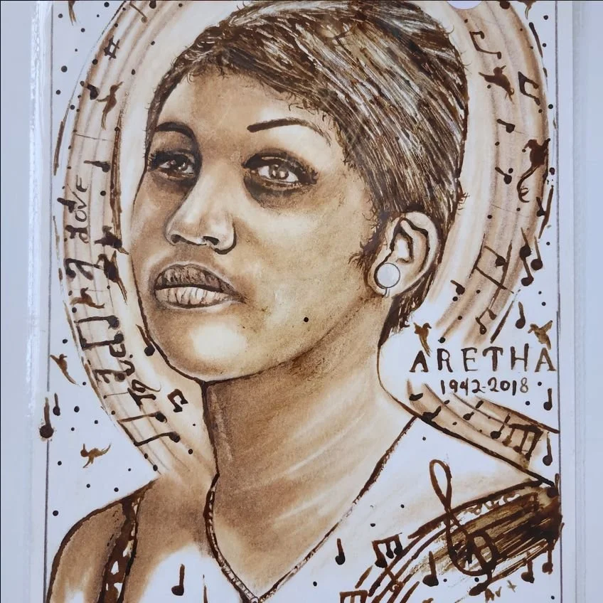 A close-up portrait of a woman gazing into the far distance. Musical lyrics and sheet music notation swirl around her. The word "Love" is visible.