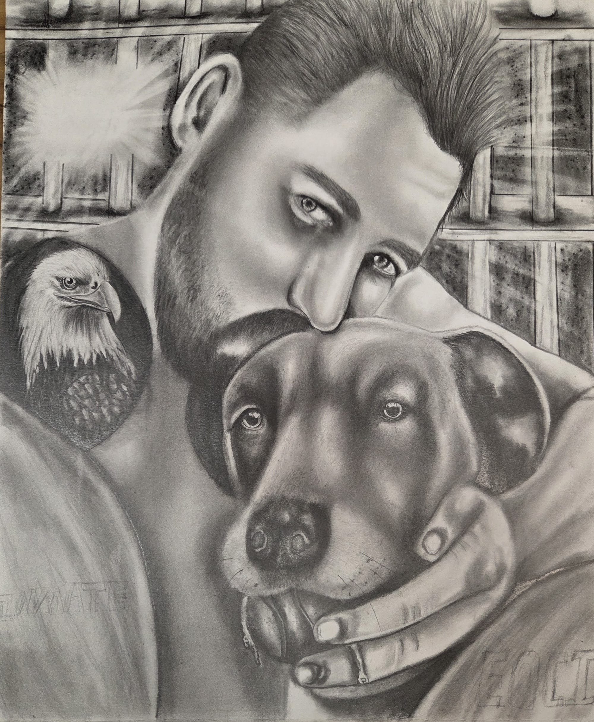 Close-up, detailed pencil drawing of a man hugging his canine companion close and kissing its head. Behind them, in the background, are prison bars.