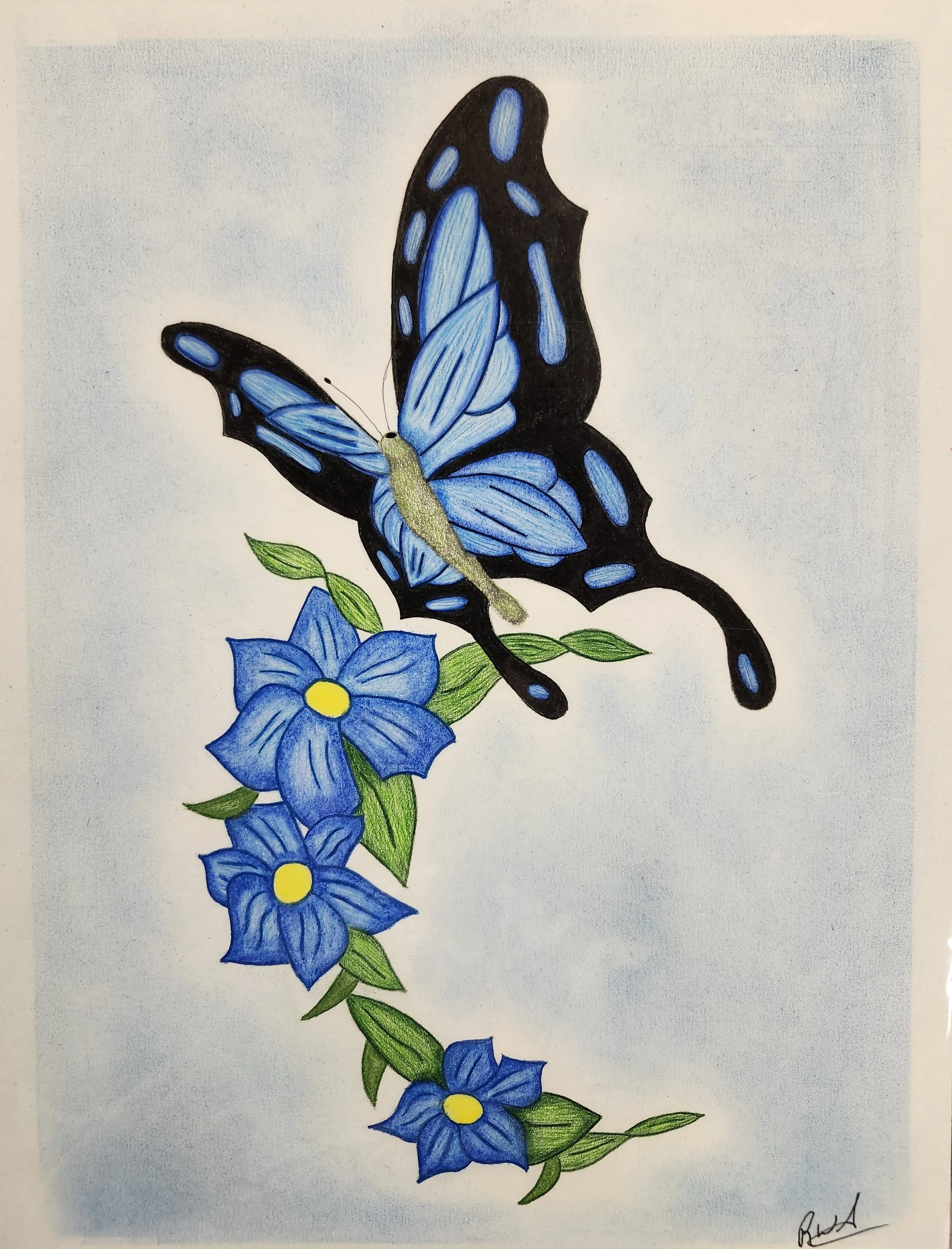 A painting of a blue Monarch Butterfly, perched on a wreath of blue flowers.