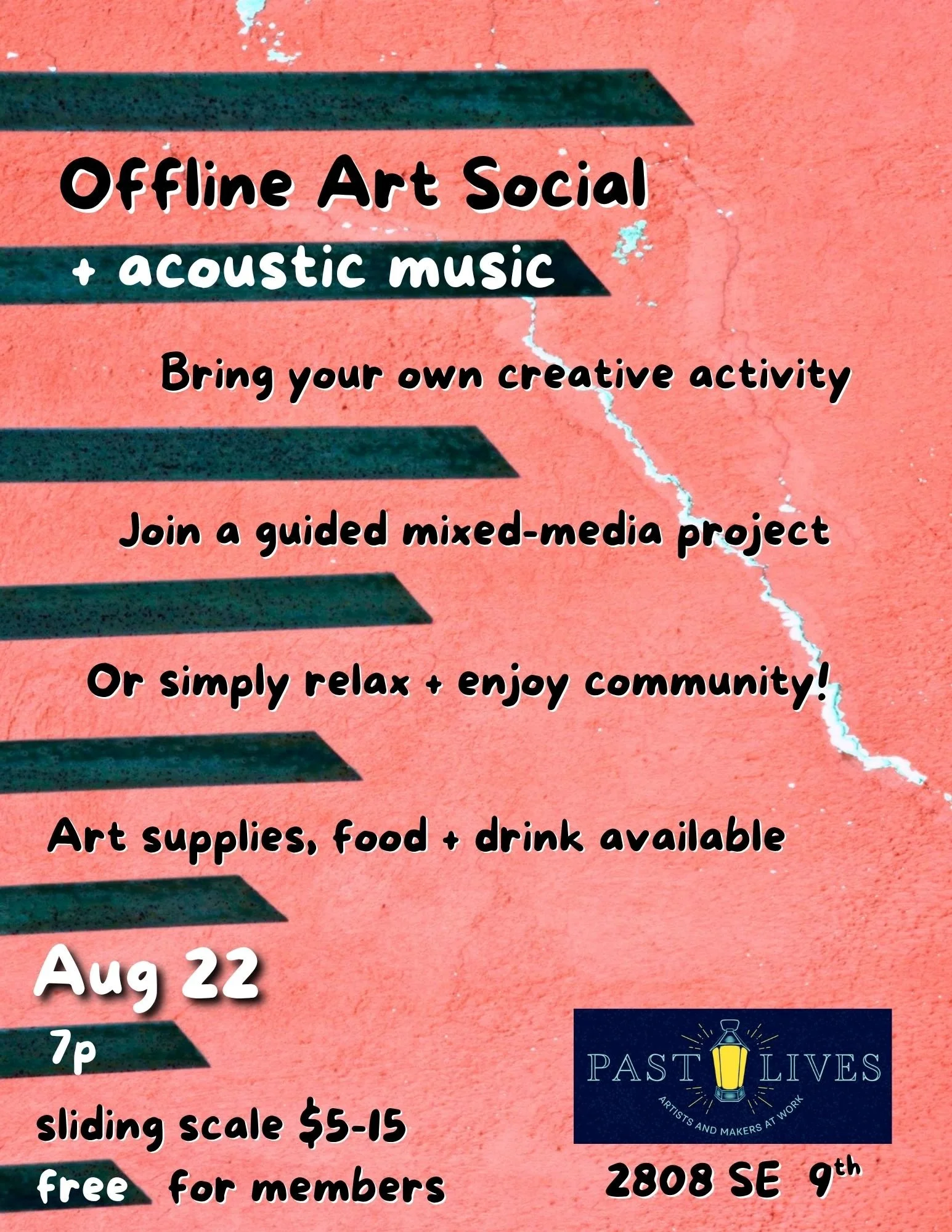 A flyer about Past Lives' Offline Art Social event on 8/22/26