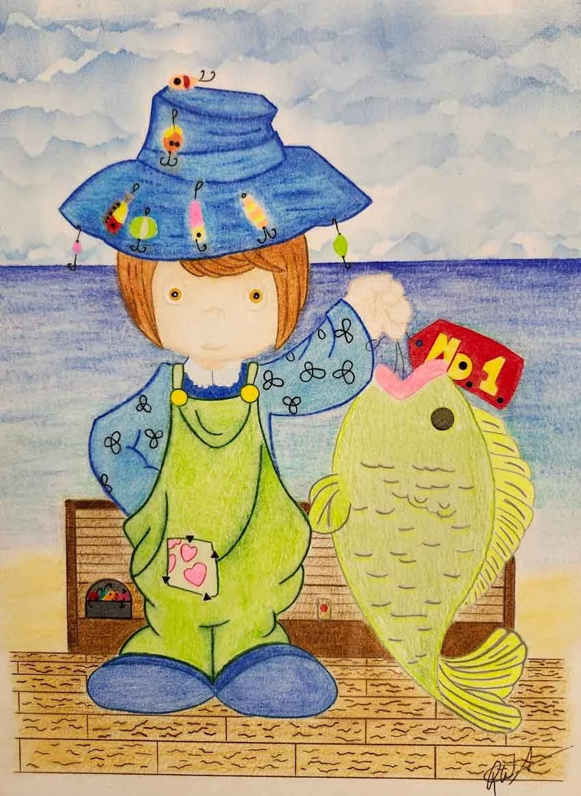 A colorful cartoon illustration of a child at the sea shore dressed in green overalls and a blue fisherman's cap holding up a large green fish, with a red tag that says "No 1."