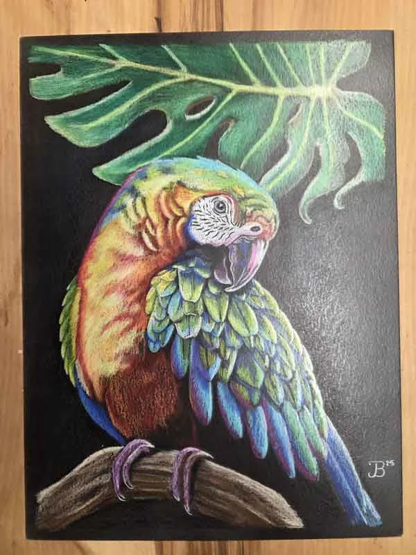 A colorful painting of a parrot by artist James Blevins