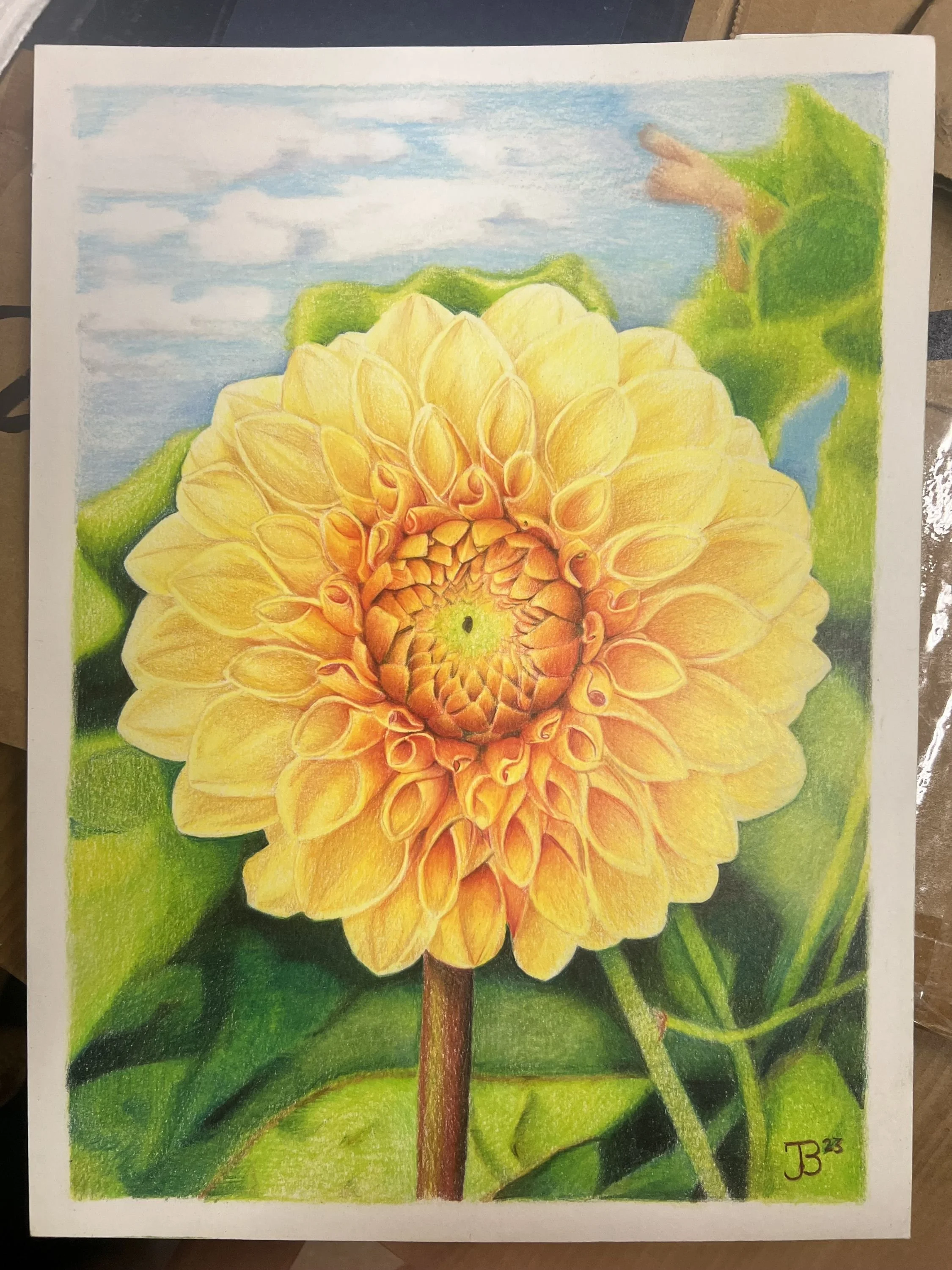 A colorful painting of a yellow dahlia flower, close up.