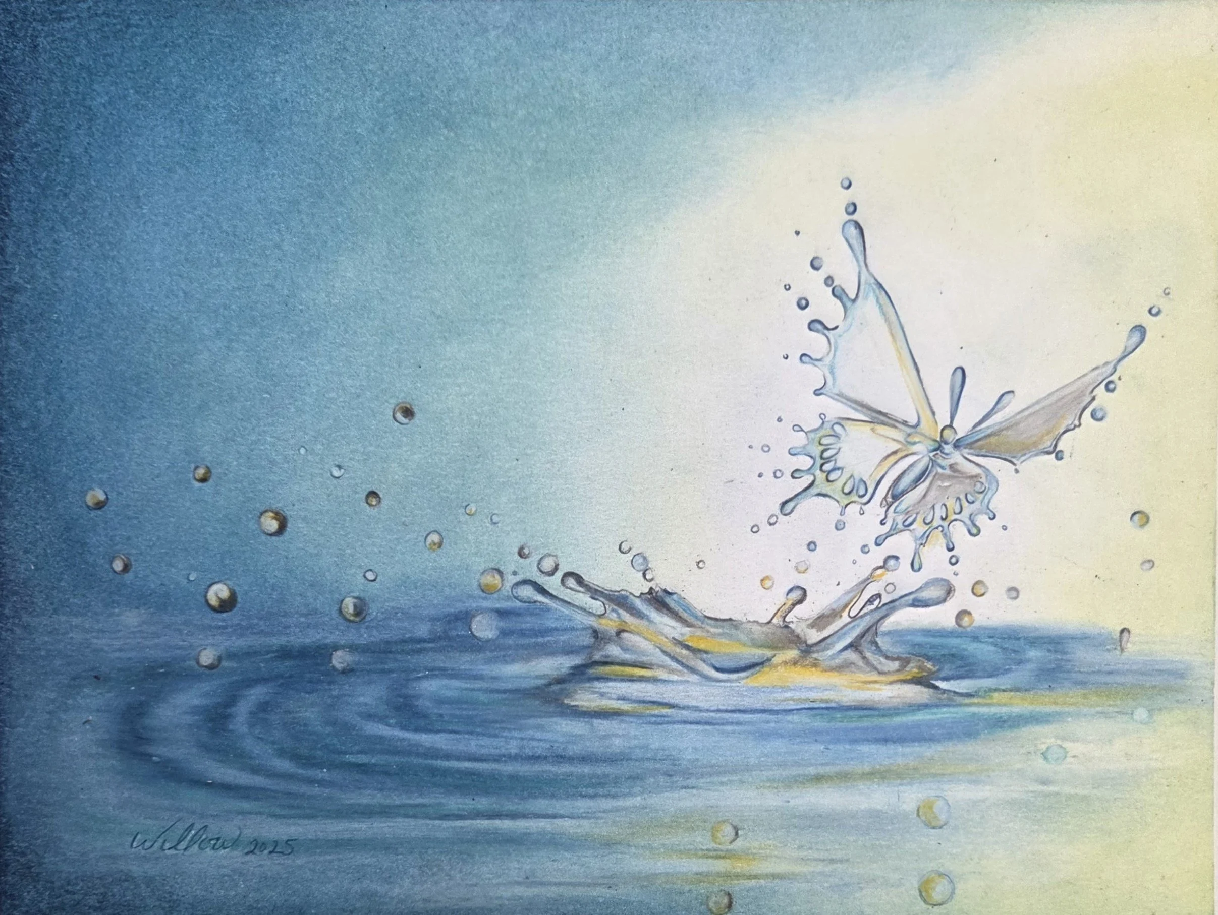 A colorful artwork of water splashes bouncing off the surface of a still pool. The droplets form the shape of a beautiful butterfly.