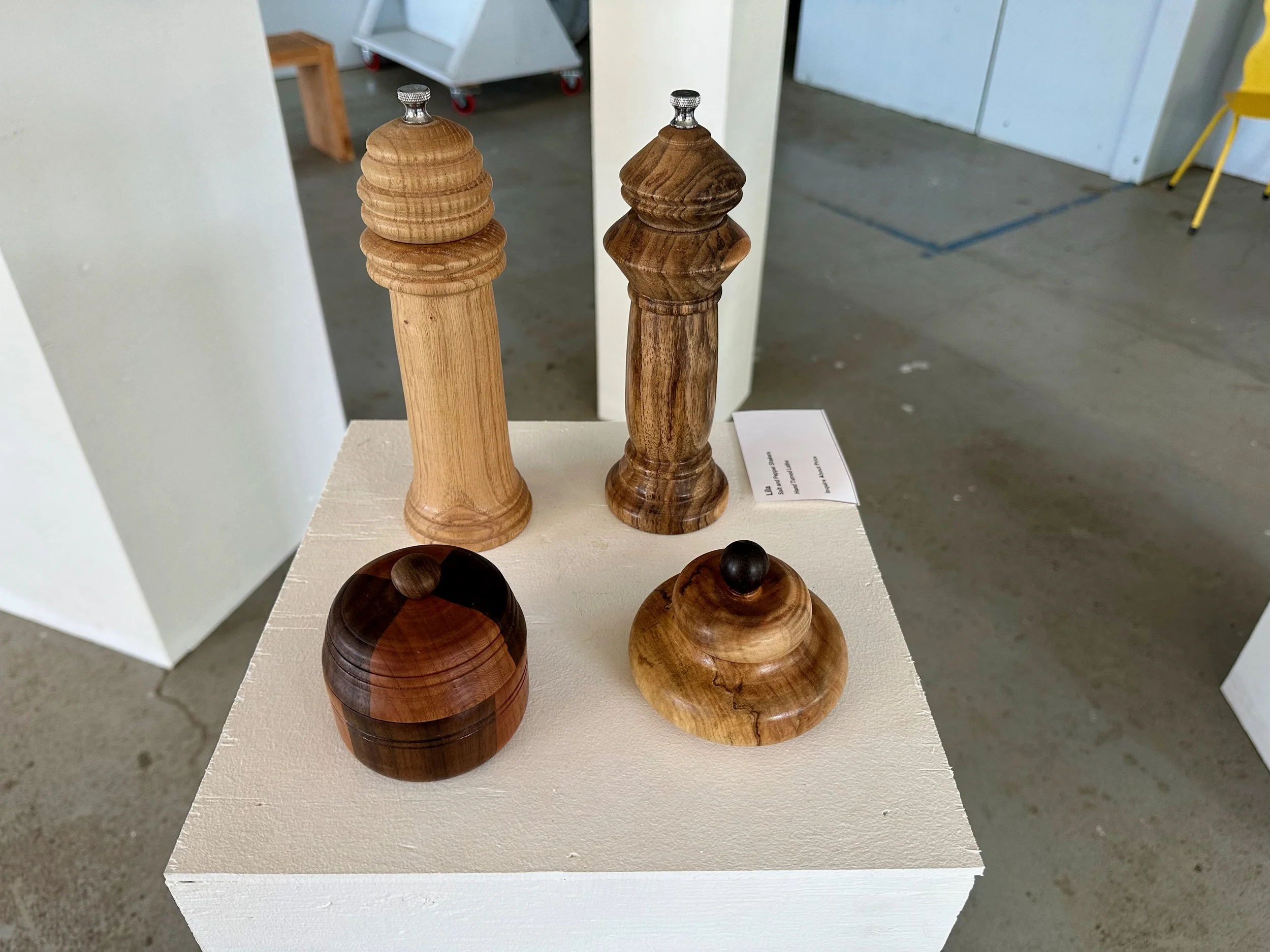 Turned salt and pepper shakers and bowls