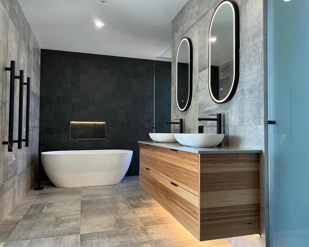 New sleek ensuite for our Wimmera River house project. Interiors by Darren Casey.