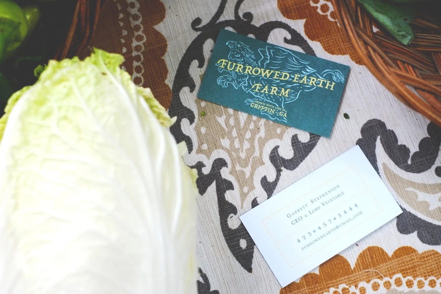 A close up of a business card for Furrowed Earth Farm, and next to the card is a large head of cabbage. The business card features the griffin. and the text Garret Stephenson, CEO and Lord Vegetable
