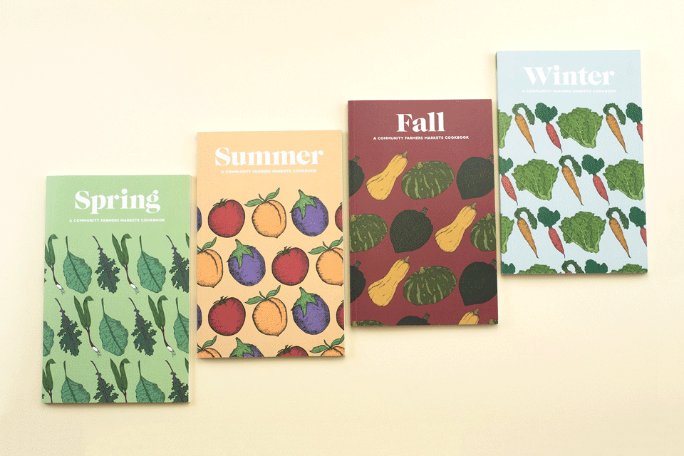 Four cookbooks designed by Bang are laid side by side each featuring one of the four seasons. The image flips through a few different pages and recipes in each volume: Spring, Summer, Fall, and Winter.