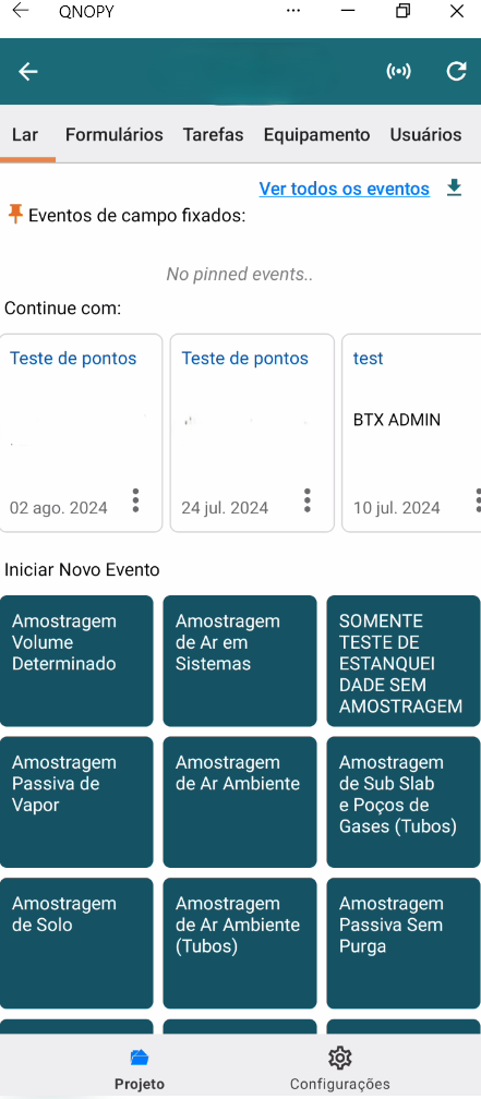 Seleção de novo evento para campo